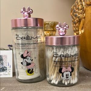 🎀Set Minnie Crème Shop Glass Minnie Mouse Disney Glass Jars Pink Bow Lids 💕🎀